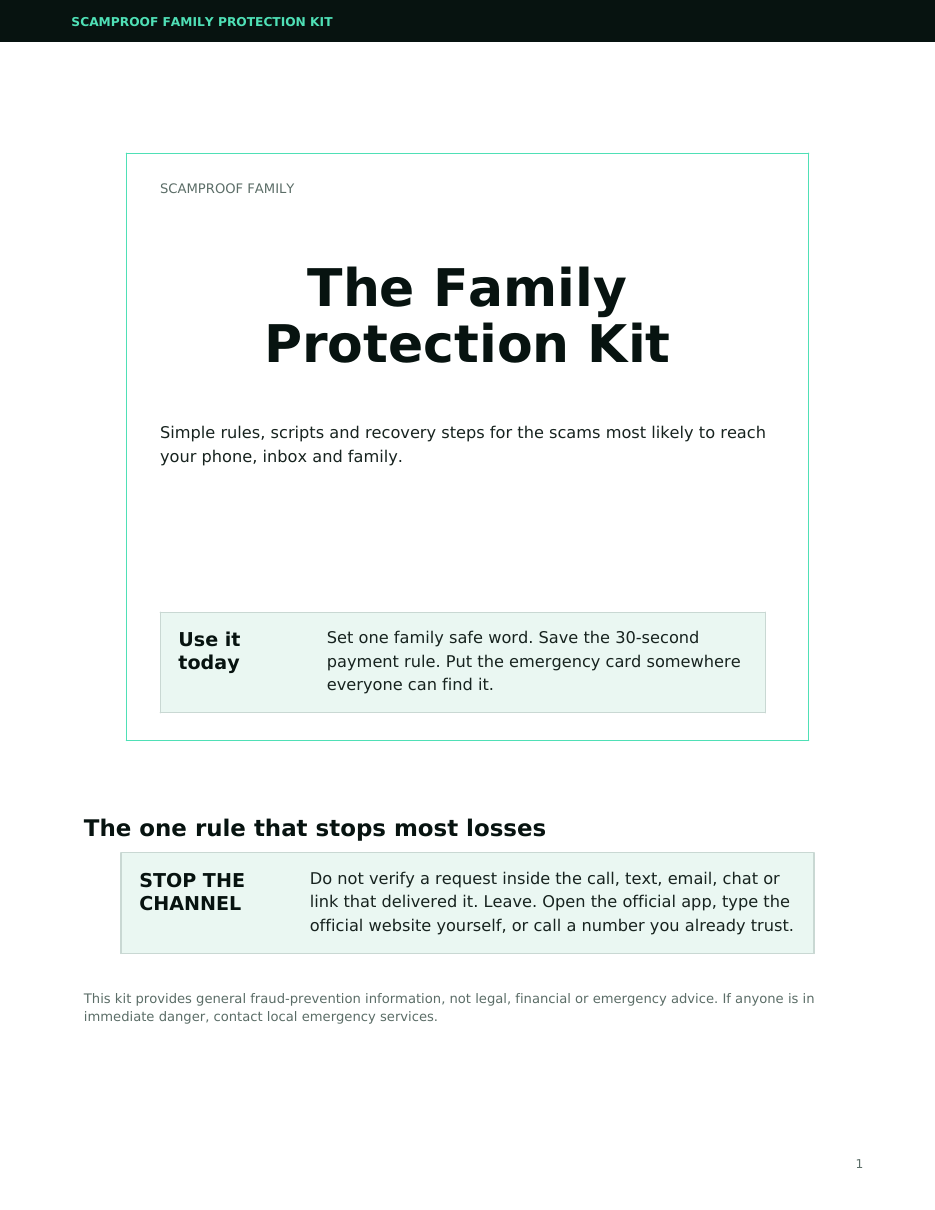 First page of the ScamProof Family Protection Kit